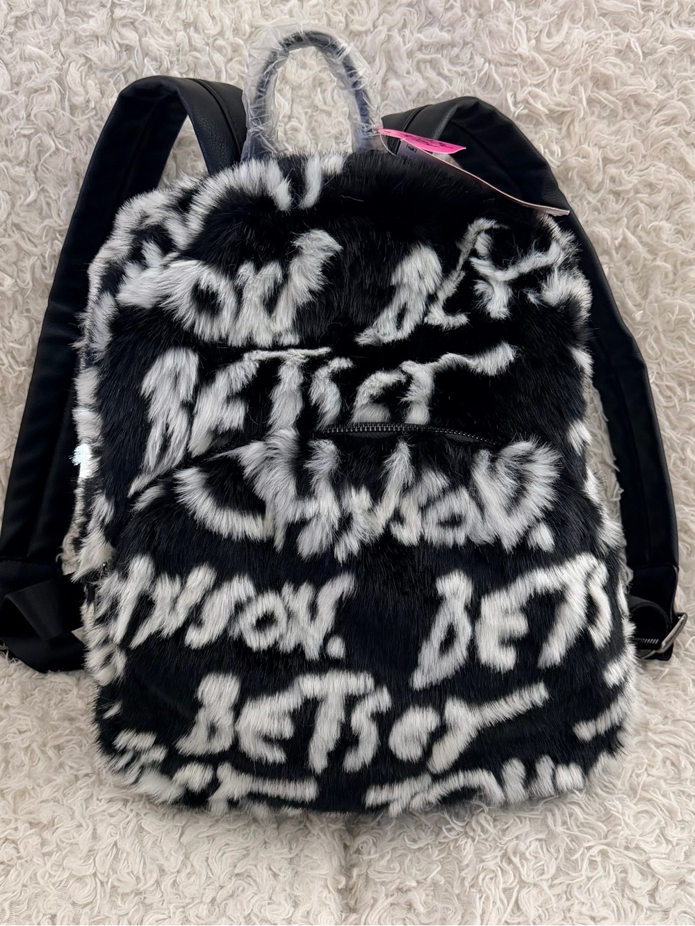 Betsey Johnson Large Black & White Faux Fur Graffiti Logo Backpack - NWT